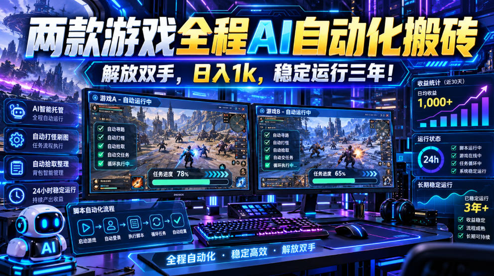 两款游戏全程AI自动化搬砖，解放双手，日入1k，稳定运行三年！【揭秘】-优优云创网