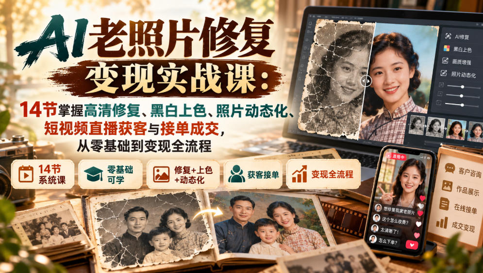 20261030165132830-64dda67dc432b7513446c5ba781f1f7b AI老照片修复变现实战课:14节掌握高清修复、黑白上色、照片动态化、短视频直播获客与接单成交,从零基础到变现全流程