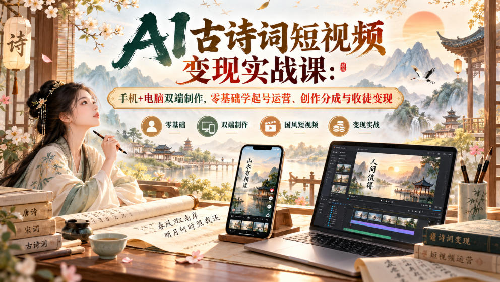 AI古诗词短视频变现实战课:手机+电脑双端制作,零基础学起号运营、创作分成与收徒变现-优优云创网