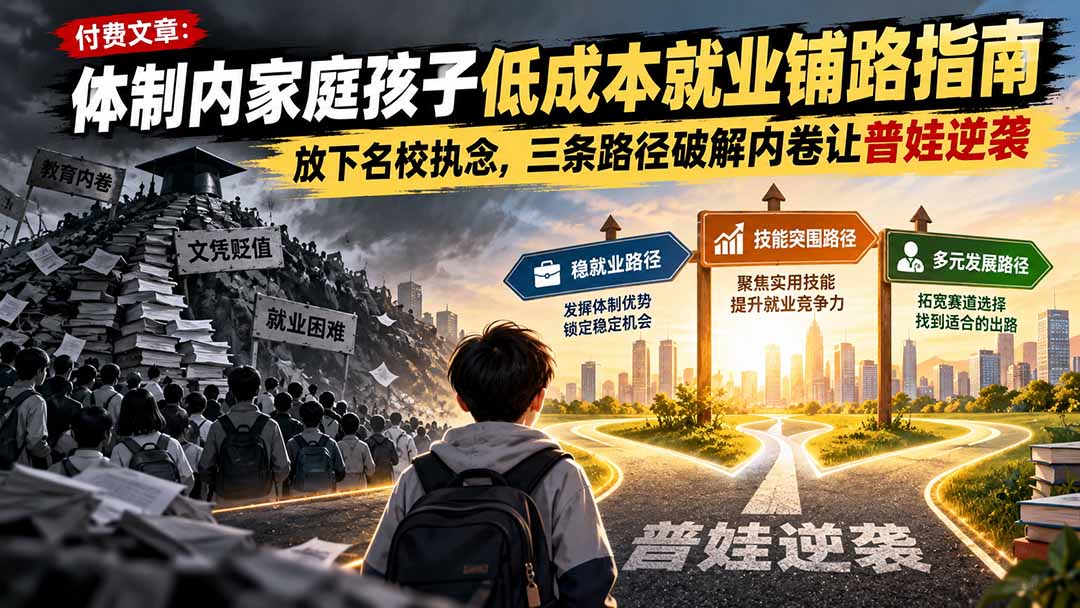 付费文章:体制内家庭孩子低成本就业铺路指南,放下名校执念,三条路径破解内卷让普娃逆袭-优优云创网