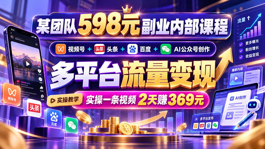 某团队598元副业内部课程：视频号+头条+百度+AI公众号创作、多平台流量变现，实操一条视频2天赚369元-优优云创网