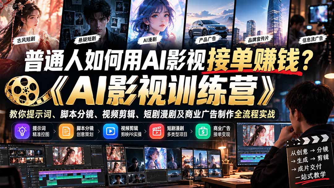 普通人如何用AI影视接单赚钱？《AI影视训练营》教你提示词、脚本分镜、视频剪辑、短剧漫剧及商业广告制作全流程实战-优优云创网