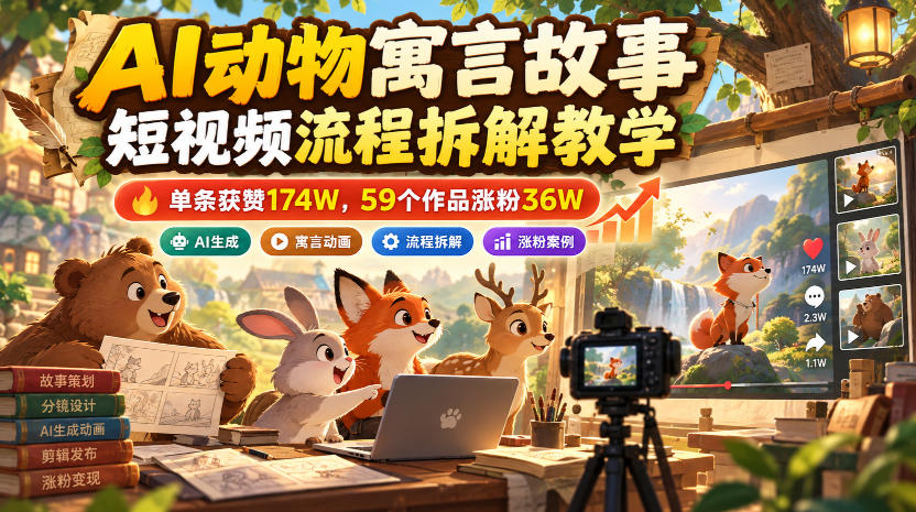 AI动物寓言故事短视频流程拆解教学，单条获赞174W，59个作品涨粉36W-优优云创网
