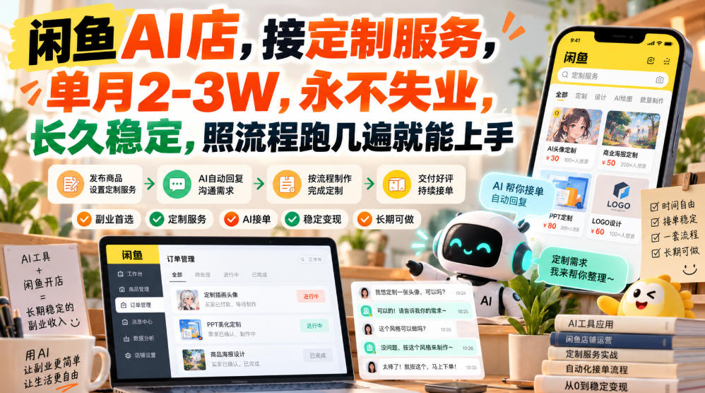 闲鱼AI店，接定制服务，单月2-3W，永不失业，长久稳定，照流程跑几遍就能上手-优优云创网
