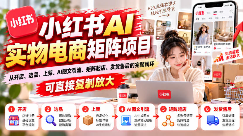 小红书AI实物电商矩阵项目,从开店、选品、上架、AI图文引流、矩阵起店、发货售后的完整闭环,可直接复制放大-优优云创网