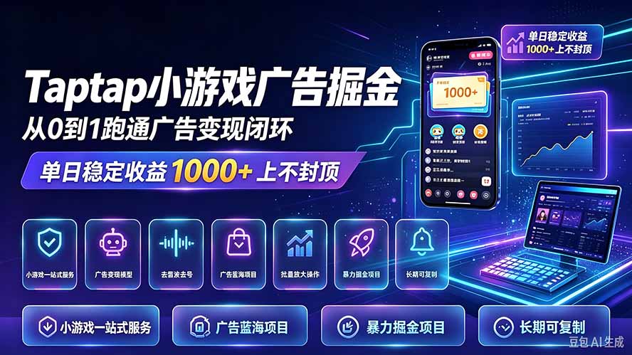 TapTap小游戏广告掘金日赚收益1000+上不封顶-优优云创网