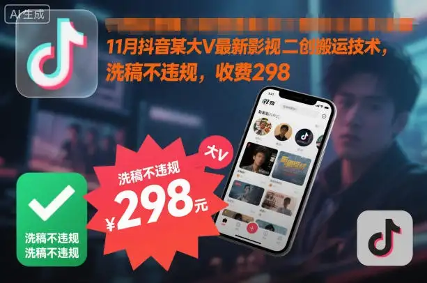 11月抖音某大V最新影视二创搬运技术，洗稿不违规，收费298-优优云创网