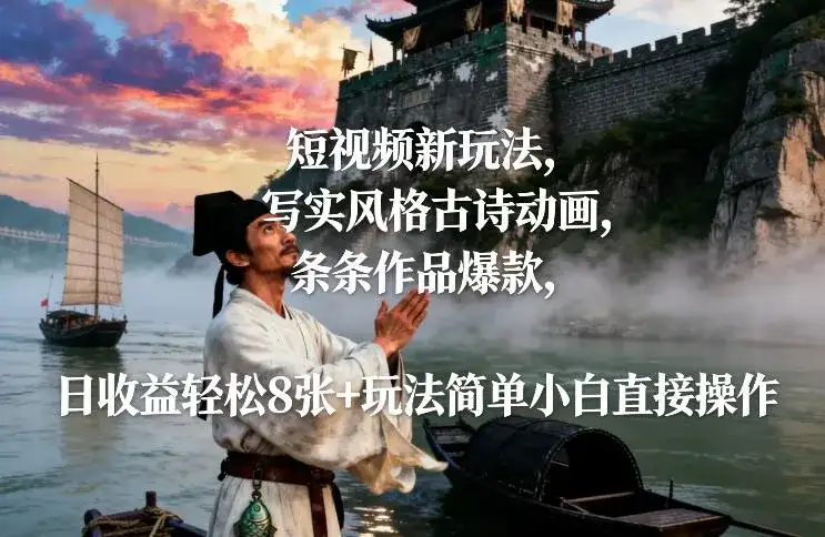 短视频新玩法，写实风格古诗动画，条条作品爆款，日收益轻松8张+玩法简单小白直接操作-优优云创网