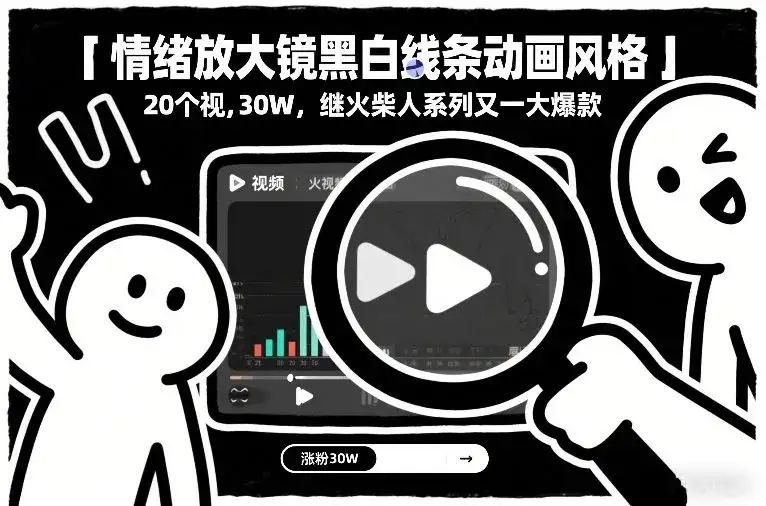 情绪放大镜黑白线条动画风格,20个视频,涨粉30W,继火柴人系列又一大爆款-优优云创网