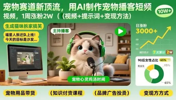 宠物赛道新顶流，用AI制作宠物播客短视频，1周涨粉2W（视频+提示词+变现方法）-优优云创网