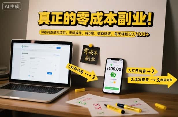 真正的零成本副业！问卷调查暴利项目，无脑操作，纯0撸，收益稳定，每天轻松日入100+【揭秘】-优优云创网