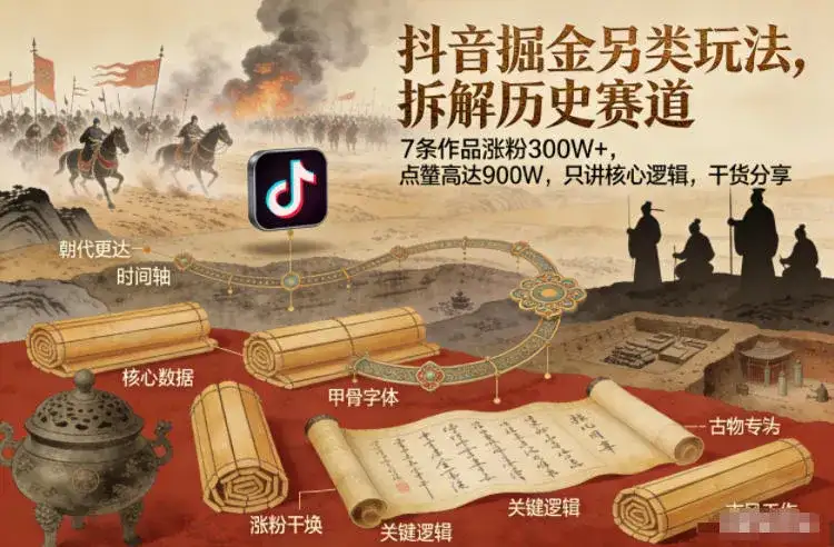 抖音掘金另类玩法，拆解历史赛道，7条作品涨粉300W+，点赞量高达900W，只讲核心逻辑，干货分享-优优云创网