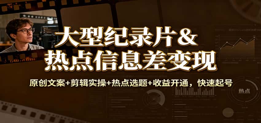 大型纪录片&热点信息差变现：原创文案+剪辑实操+热点选题+收益开通，快速起号-优优云创网