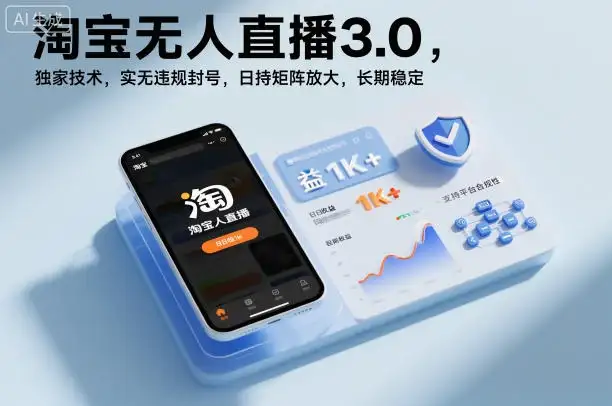 淘宝无人直播3.0,独家技术,实无违规封号,日收益1k+,支持矩阵放大,长期稳定【揭秘】 淘宝无人直播3.0,独家技术,实无违规封号,日收益1k+,支持矩阵放大,长期稳定【揭秘】