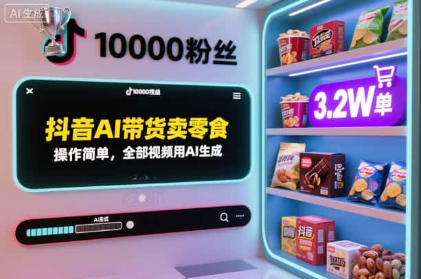 抖音AI带货卖零食，操作简单，全部视频用AI生成，一万粉丝，卖了3.2W单-优优云创网