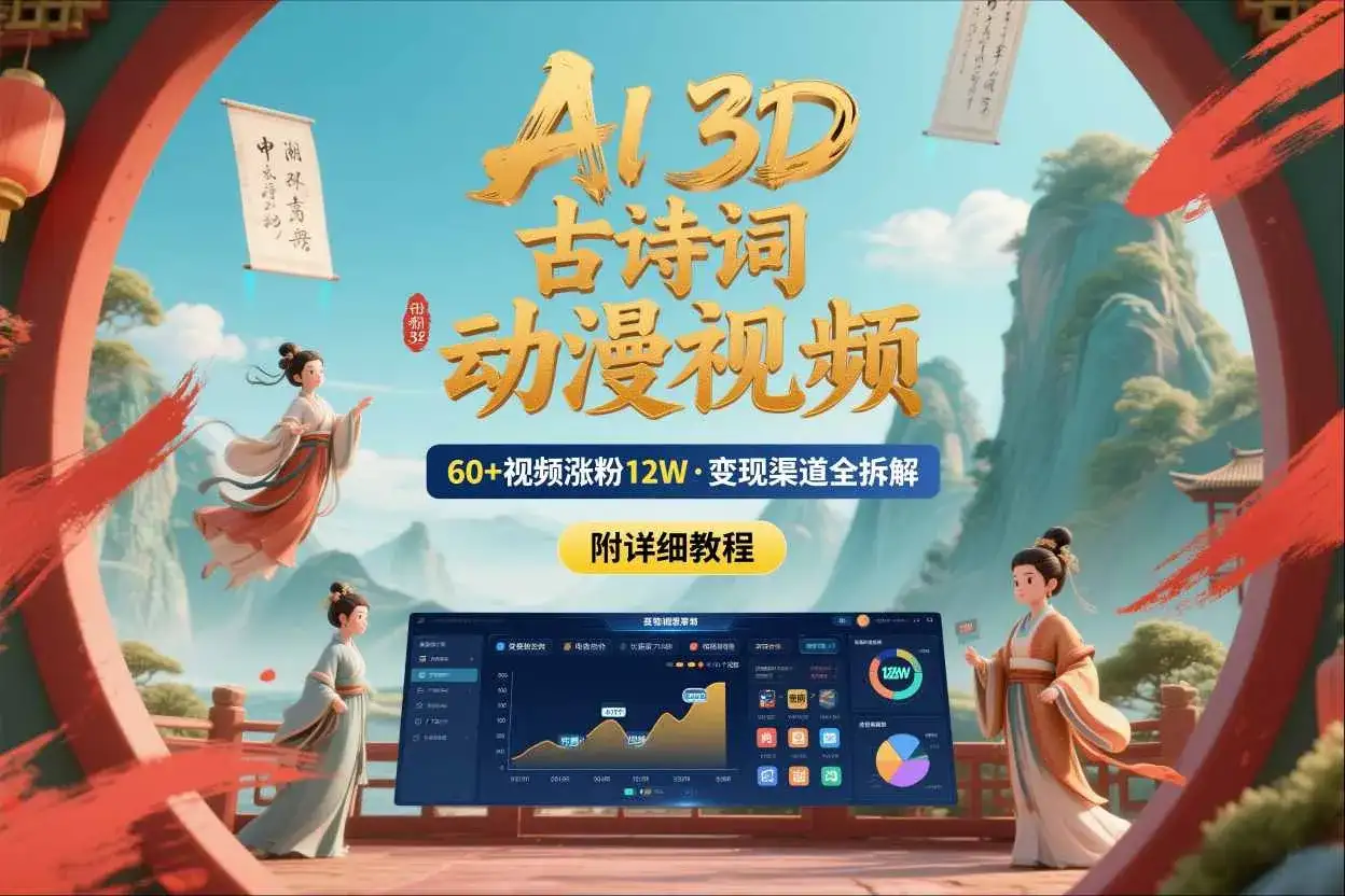 AI制作3D古诗词动漫视频，60多个视频涨粉12W，多个变现渠道拆解【附详细教程】-优优云创网