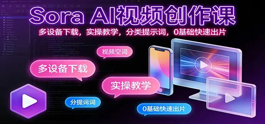 Sora AI视频创作课:多设备下载,实操教学,分类提示词,0基础快速出片 Sora AI视频创作课:多设备下载,实操教学,分类提示词,0基础快速出片