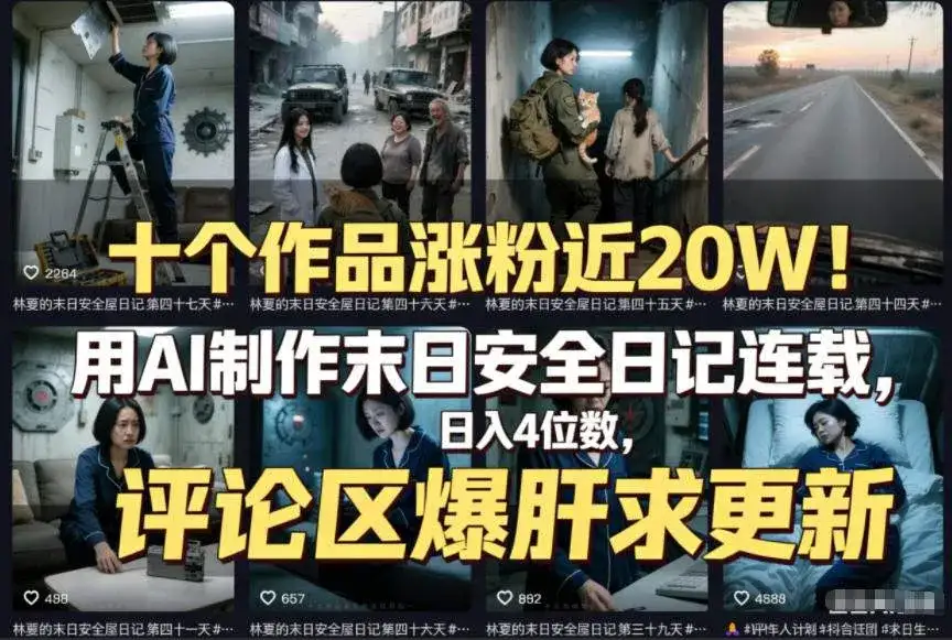十个作品涨粉近20W!用AI制作末日安全日记连载,日入4位数,评论区爆肝求更新(附详细步骤) 十个作品涨粉近20W!用AI制作末日安全日记连载,日入4位数,评论区爆肝求更新(附详细步骤)